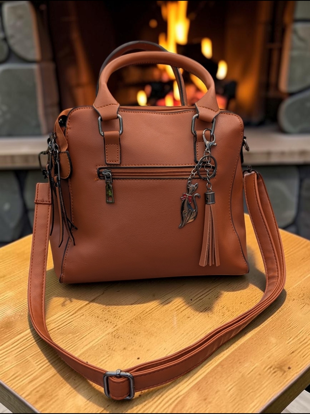 Cognac Unbranded Satchel with Cat Charm - Picture 2 of 6